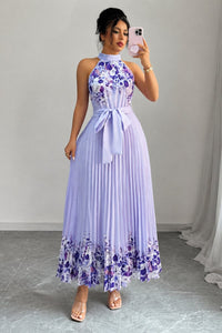 Madison | Women's Floral Pleated Halter Evening Gown Midi Dress