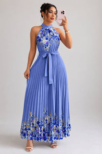Madison | Women's Floral Pleated Halter Evening Gown Midi Dress
