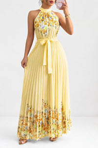 Madison | Women's Floral Pleated Halter Evening Gown Midi Dress