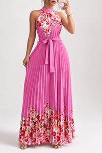 Madison | Women's Floral Pleated Halter Evening Gown Midi Dress