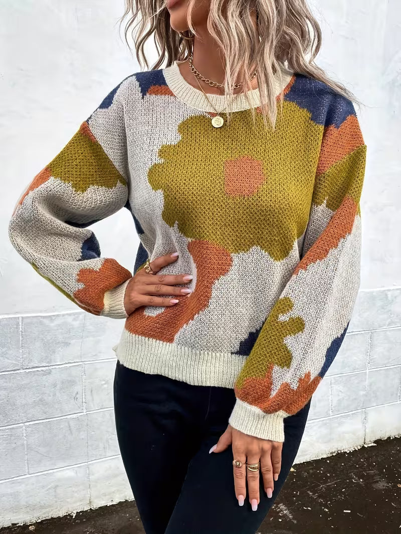 Women's Floral Print Knit Jumper with Crew Neckline and Long Sleeves