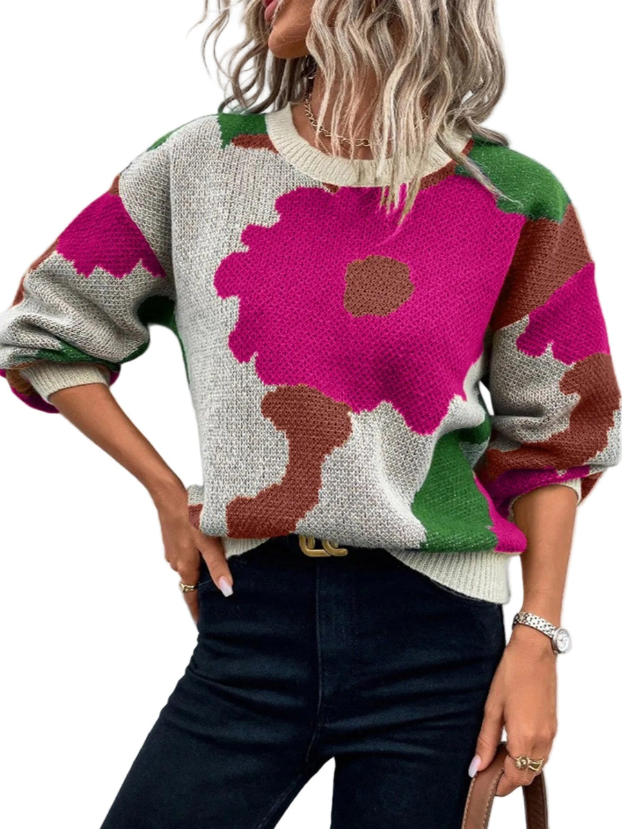 Women's Floral Print Knit Jumper with Crew Neckline and Long Sleeves