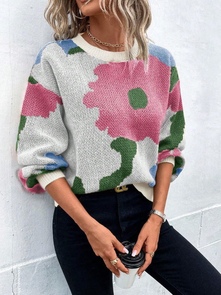 Women's Floral Print Knit Jumper with Crew Neckline and Long Sleeves
