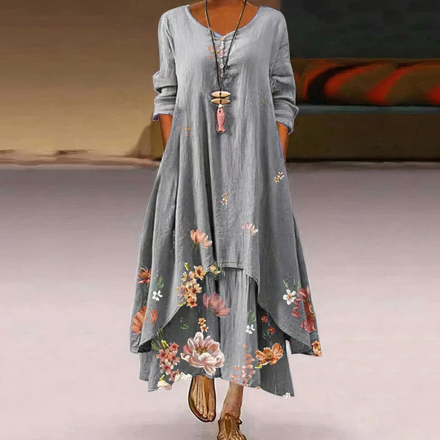 Sophie | Women's Floral Print Long-Sleeve Loose A-Line Maxi Dress