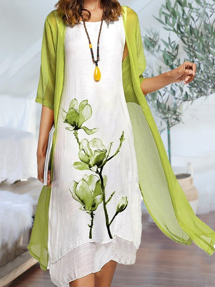 Evelyn | Women's Floral-Print Sleeveless Linen Midi Dress Chiffon Cardigan Two-Piece Set