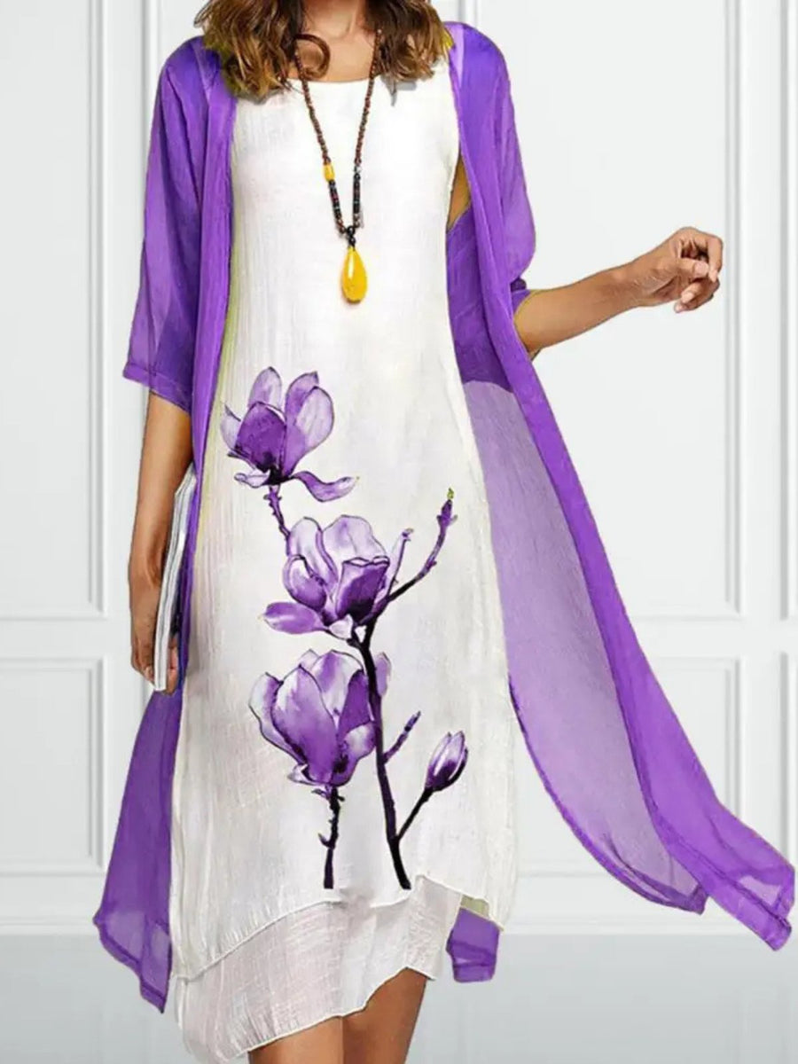 Evelyn | Women's Floral-Print Sleeveless Linen Midi Dress Chiffon Cardigan Two-Piece Set