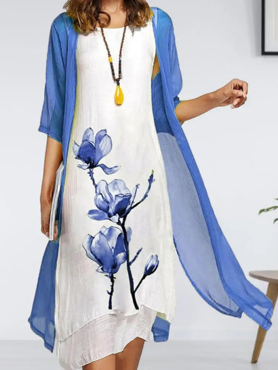 Evelyn | Women's Floral-Print Sleeveless Linen Midi Dress Chiffon Cardigan Two-Piece Set