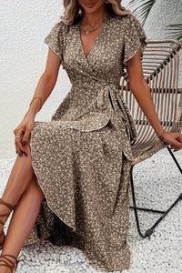 Aria | Women's Floral Wrap Midi Evening Gown Short-Sleeve V-Neck Dress