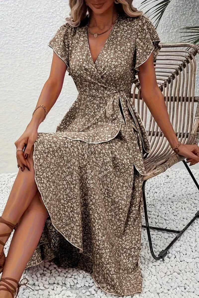 Aria | Women's Floral Wrap Midi Evening Gown Short-Sleeve V-Neck Dress