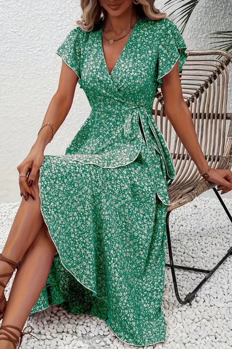 Aria | Women's Floral Wrap Midi Evening Gown Short-Sleeve V-Neck Dress