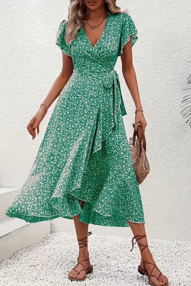 Aria | Women's Floral Wrap Midi Evening Gown Short-Sleeve V-Neck Dress