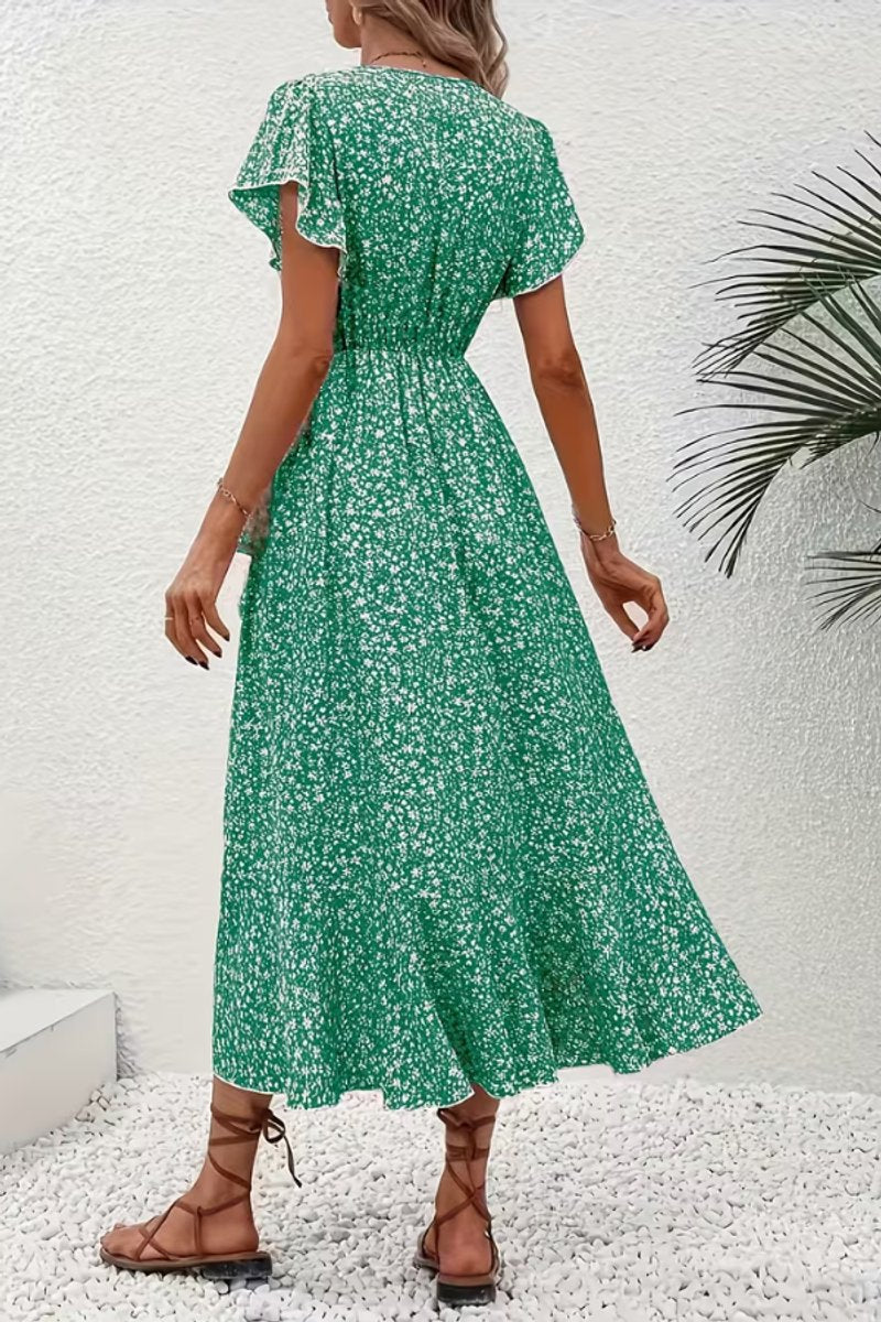 Aria | Women's Floral Wrap Midi Evening Gown Short-Sleeve V-Neck Dress