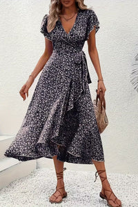 Aria | Women's Floral Wrap Midi Evening Gown Short-Sleeve V-Neck Dress