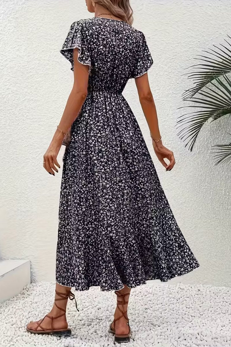 Aria | Women's Floral Wrap Midi Evening Gown Short-Sleeve V-Neck Dress