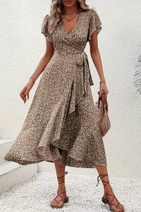 Aria | Women's Floral Wrap Midi Evening Gown Short-Sleeve V-Neck Dress
