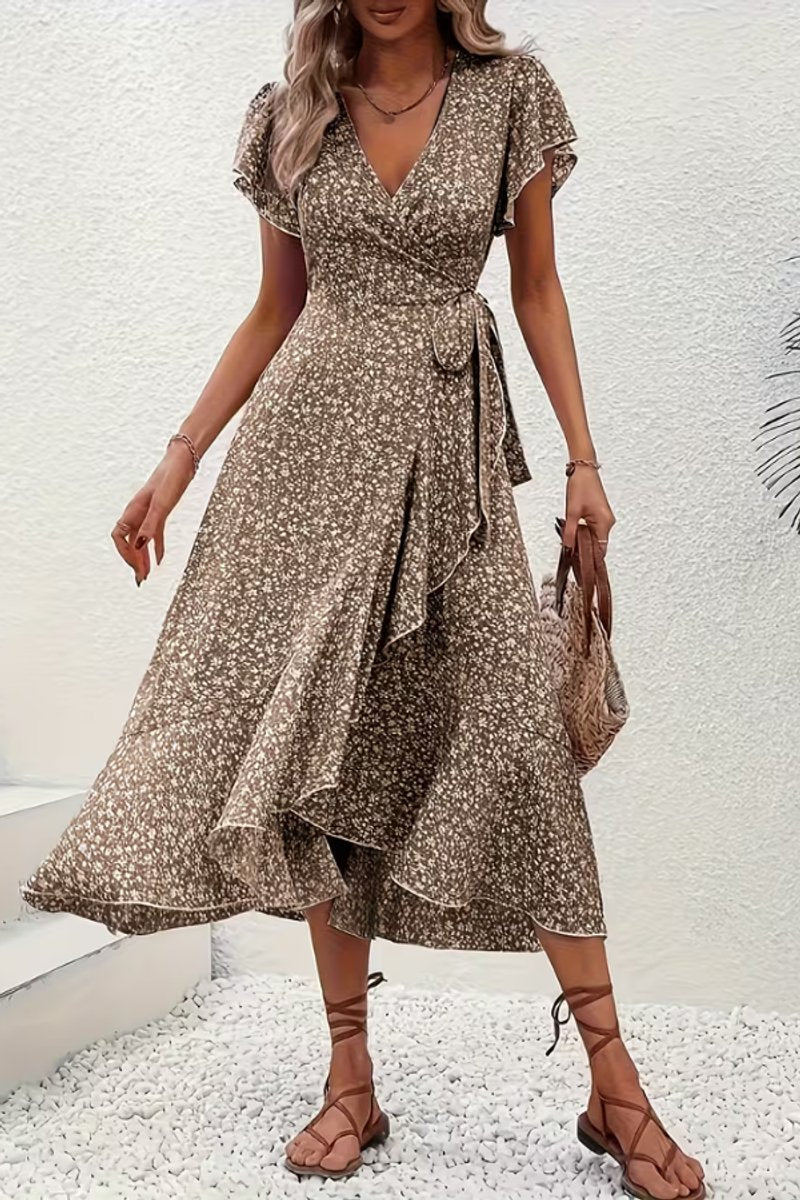 Aria | Women's Floral Wrap Midi Evening Gown Short-Sleeve V-Neck Dress