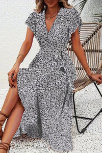 Aria | Women's Floral Wrap Midi Evening Gown Short-Sleeve V-Neck Dress
