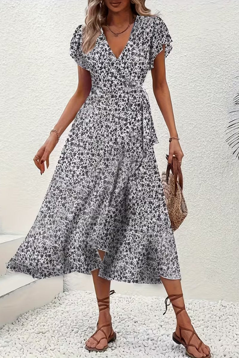 Aria | Women's Floral Wrap Midi Evening Gown Short-Sleeve V-Neck Dress