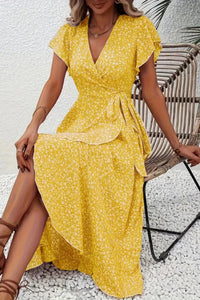 Aria | Women's Floral Wrap Midi Evening Gown Short-Sleeve V-Neck Dress