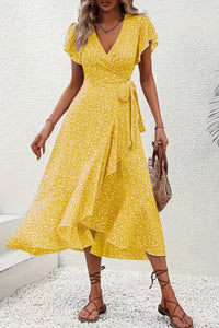 Aria | Women's Floral Wrap Midi Evening Gown Short-Sleeve V-Neck Dress