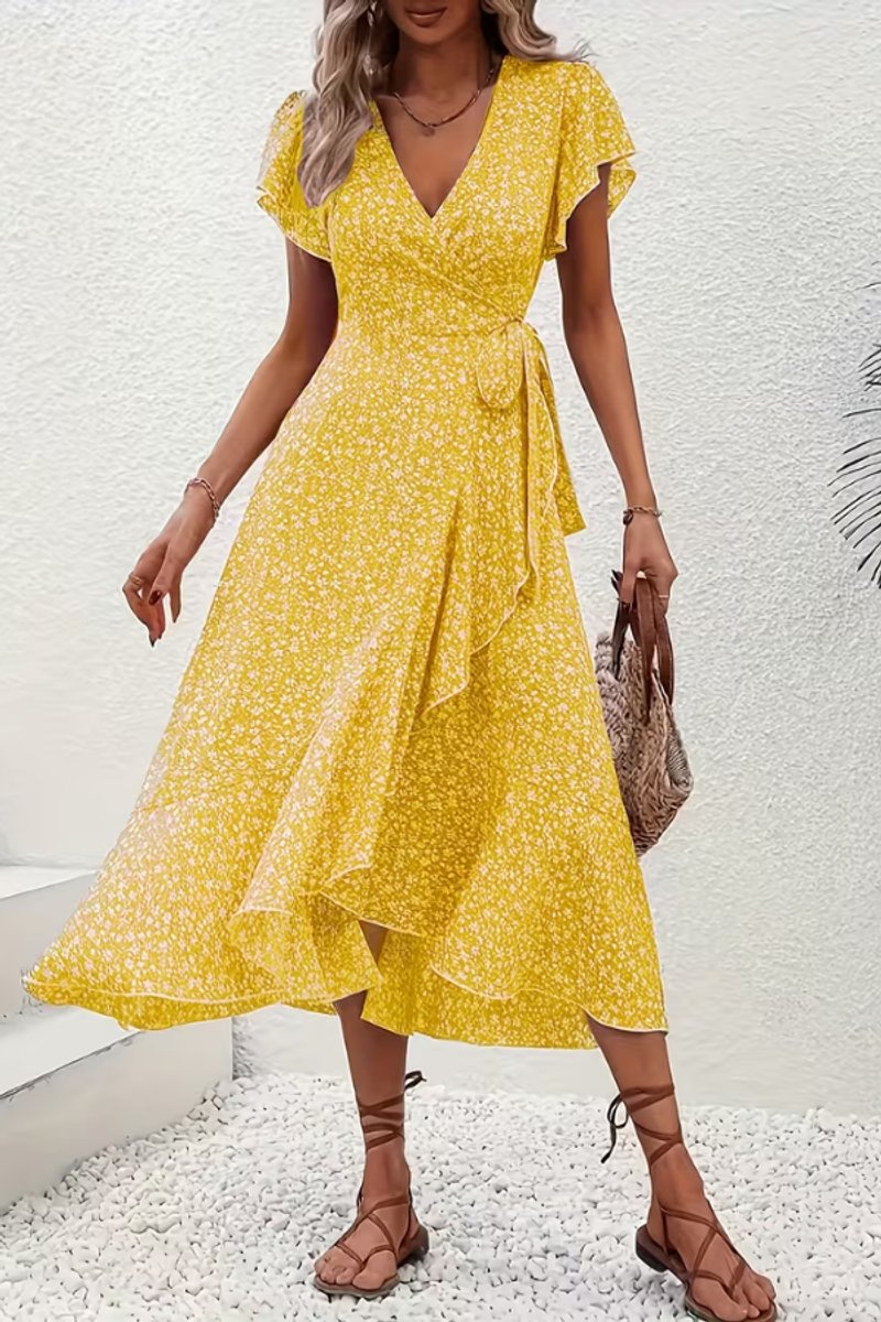 Aria | Women's Floral Wrap Midi Evening Gown Short-Sleeve V-Neck Dress