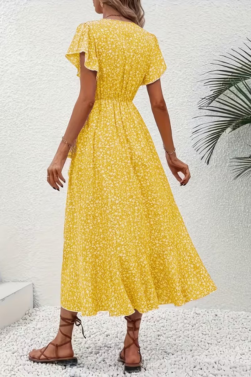 Aria | Women's Floral Wrap Midi Evening Gown Short-Sleeve V-Neck Dress