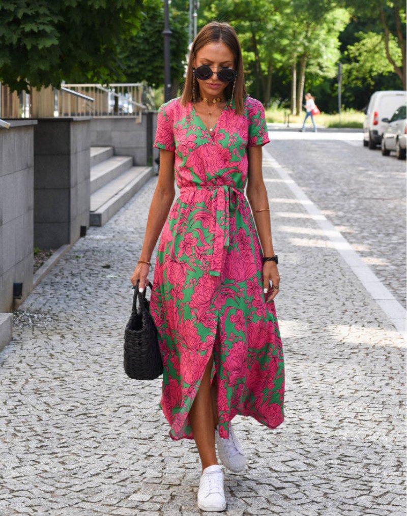 Phoebe | Women's Floral Wrap V-Neck Tie-Waist Cotton Midi Dress