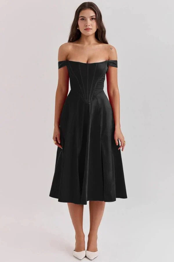 Coralie | Off Shoulder Midi Dress in Black