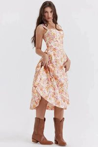 Coralie | Off Shoulder Midi Dress in Floral Pink