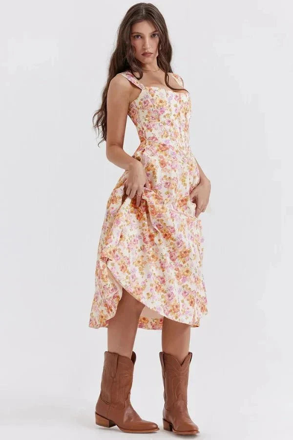 Coralie | Off Shoulder Midi Dress in Floral Pink