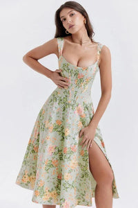 Coralie | Off Shoulder Midi Dress in Floral Green