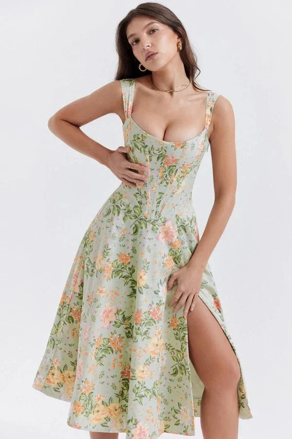 Coralie | Off Shoulder Midi Dress in Floral Green