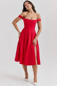 Coralie | Off Shoulder Midi Dress in Red