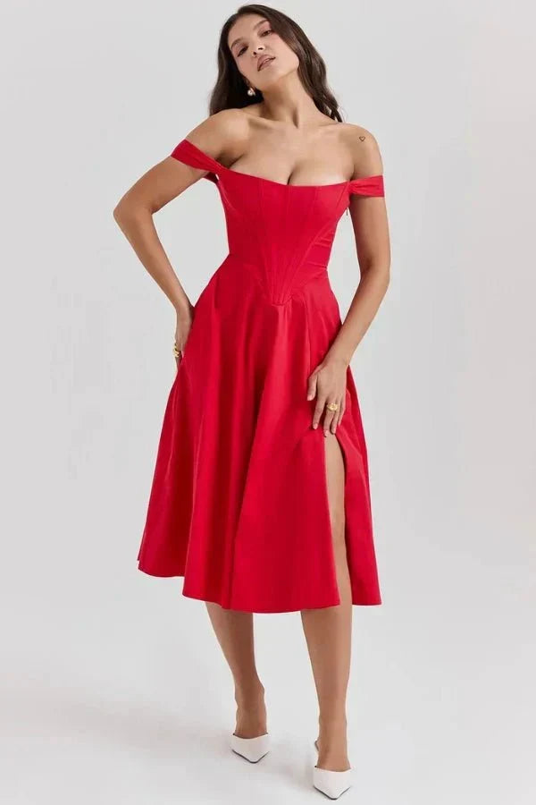 Coralie | Off Shoulder Midi Dress in Red