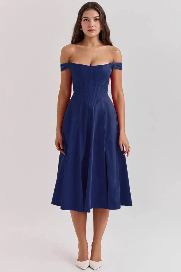 Coralie | Off Shoulder Midi Dress in Blue