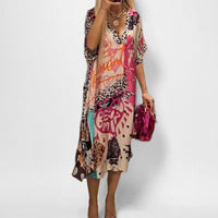 Ella | Women's Graphic Print V-Neck Swing Tunic Midi Dress