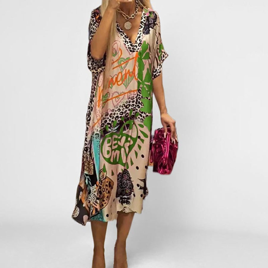 Ella | Women's Graphic Print V-Neck Swing Tunic Midi Dress