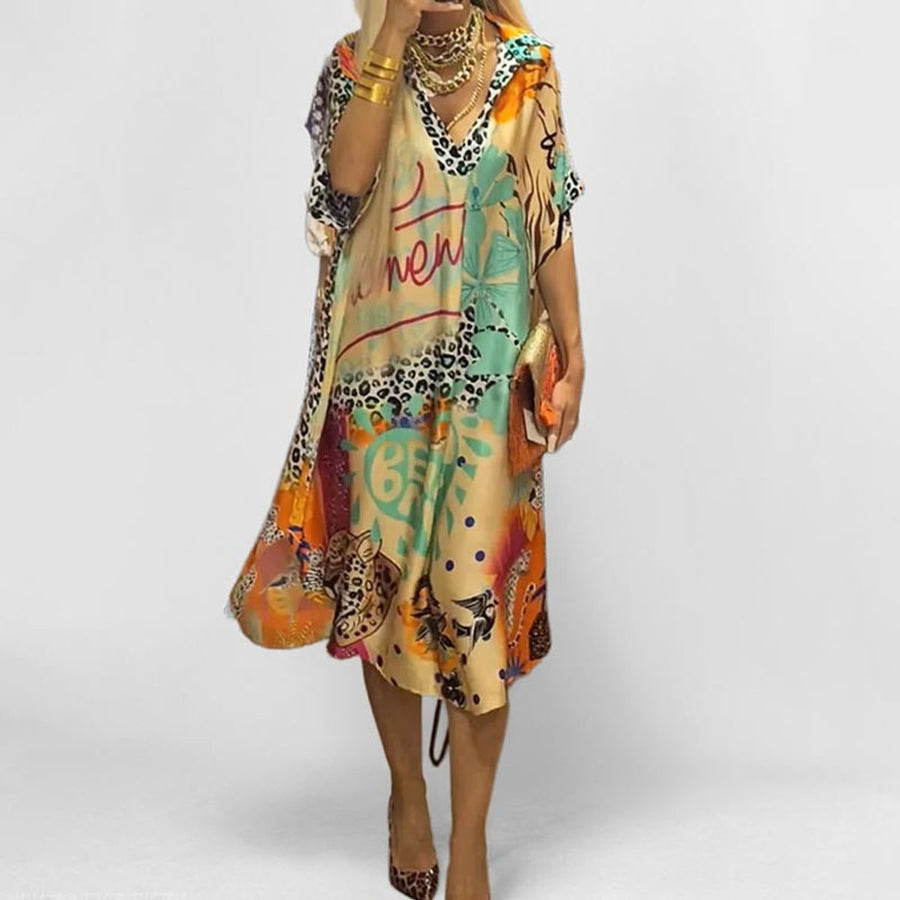 Ella | Women's Graphic Print V-Neck Swing Tunic Midi Dress