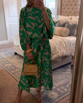 Florence | Women's Green Leaf Print Lantern Sleeve Two-Piece Set
