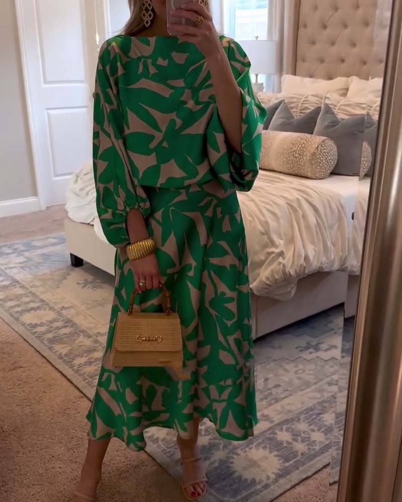 Florence | Women's Green Leaf Print Lantern Sleeve Two-Piece Set