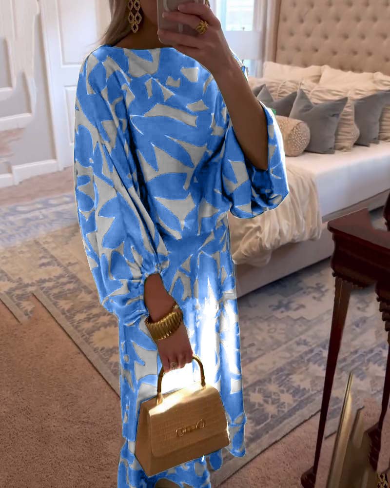 Florence | Women's Green Leaf Print Lantern Sleeve Two-Piece Set