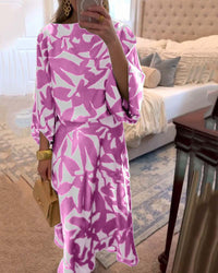 Florence | Women's Green Leaf Print Lantern Sleeve Two-Piece Set