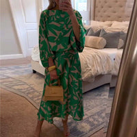 Florence | Women's Green Leaf Print Lantern Sleeve Two-Piece Set