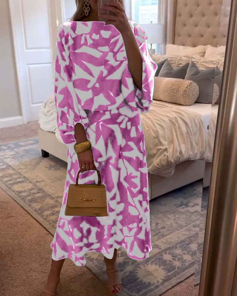 Florence | Women's Green Leaf Print Lantern Sleeve Two-Piece Set