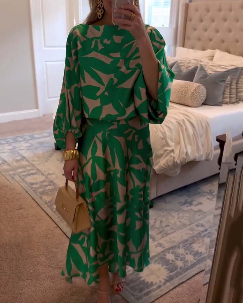 Florence | Women's Green Leaf Print Lantern Sleeve Two-Piece Set