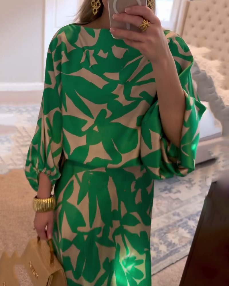 Florence | Women's Green Leaf Print Lantern Sleeve Two-Piece Set