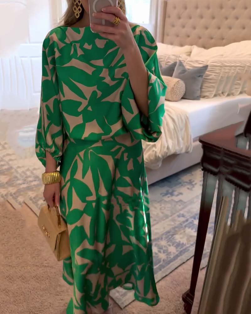 Florence | Women's Green Leaf Print Lantern Sleeve Two-Piece Set