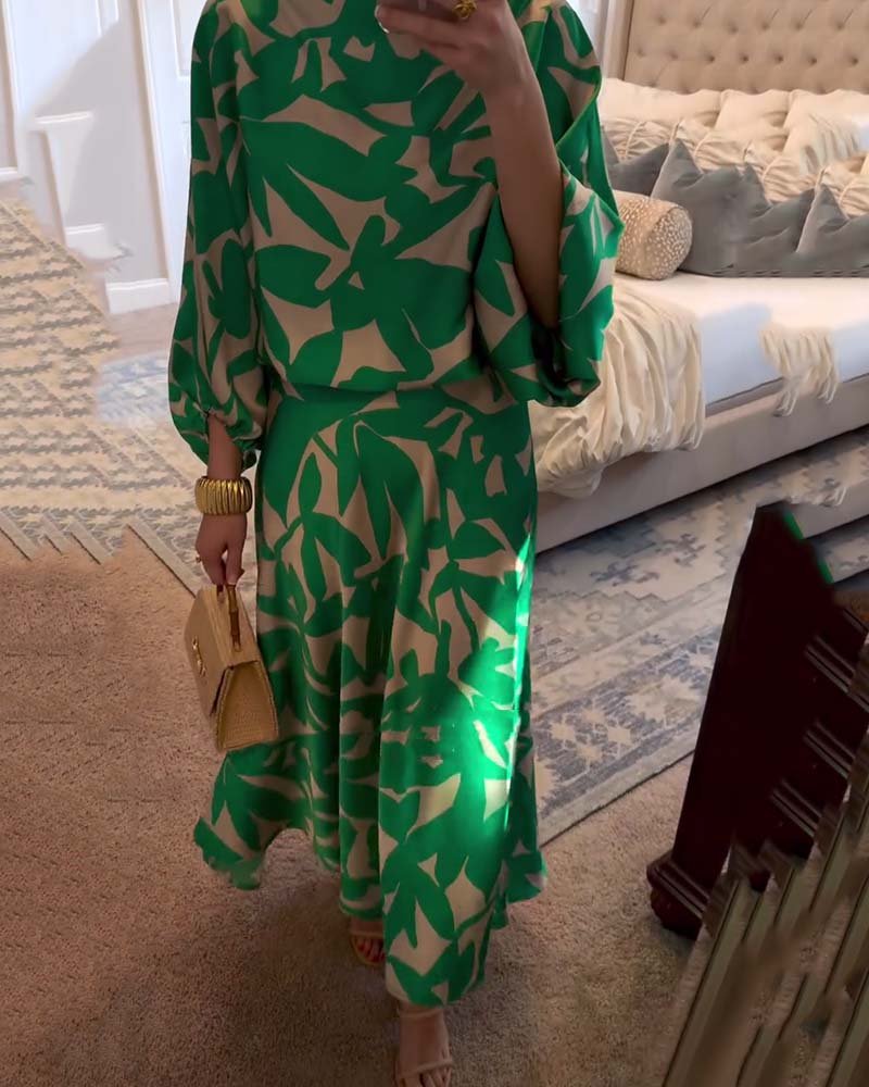 Florence | Women's Green Leaf Print Lantern Sleeve Two-Piece Set
