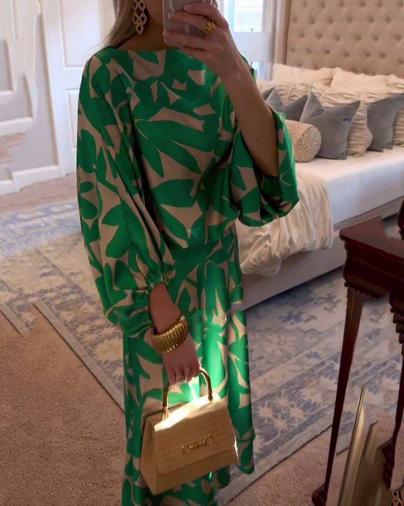 Florence | Women's Green Leaf Print Lantern Sleeve Two-Piece Set