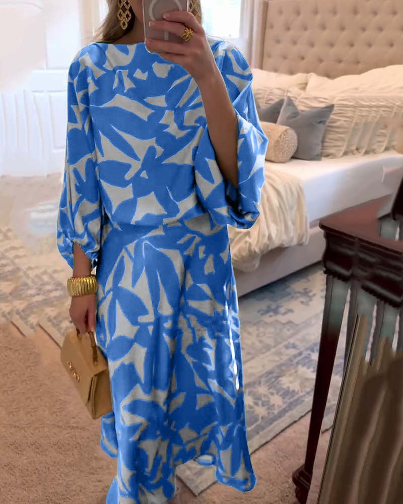 Florence | Women's Green Leaf Print Lantern Sleeve Two-Piece Set